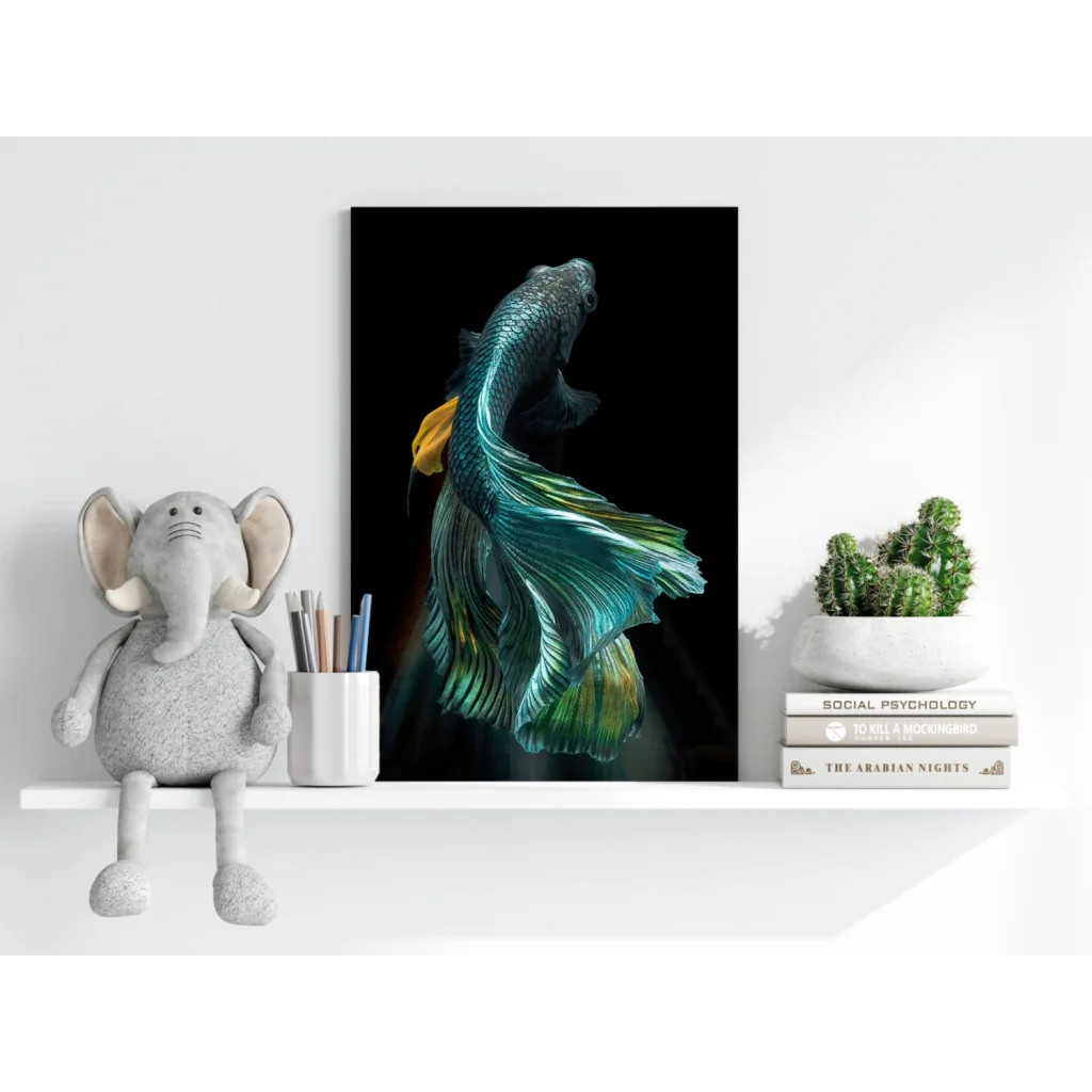 Vibrant teal green betta fish on insigne aluminum print with yellow fin