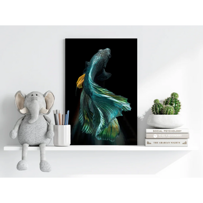 Vibrant teal green betta fish on insigne aluminum print with yellow fin