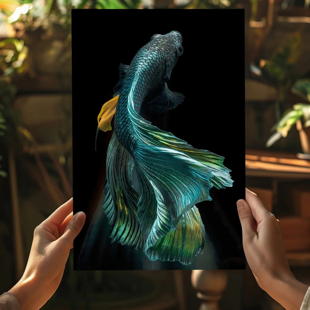 Vibrant turquoise betta fish on insigne aluminum print with yellow tail