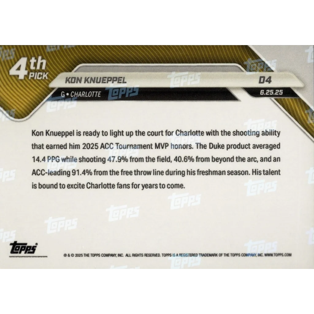 Topps basketball card of Kon Knueppel from Kon Knueppel 4th Pick Topps Now set