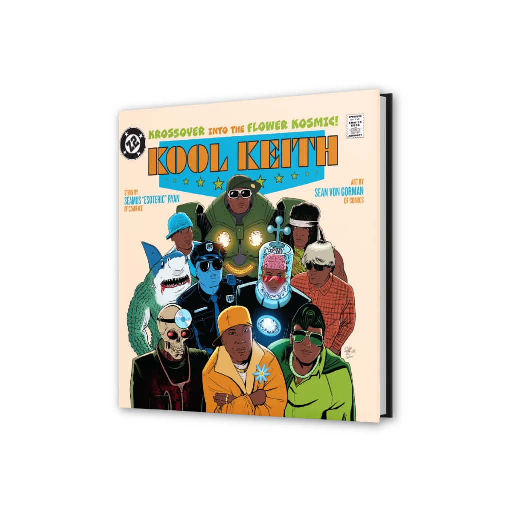 Comic book cover with diverse characters for Kool Keith Flower Kosmic graphic novel featuring Seamus Esoteric Ryan