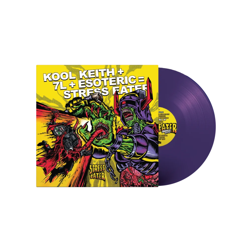 Purple vinyl record with Kool Keith signed comic album cover featuring monstrous characters