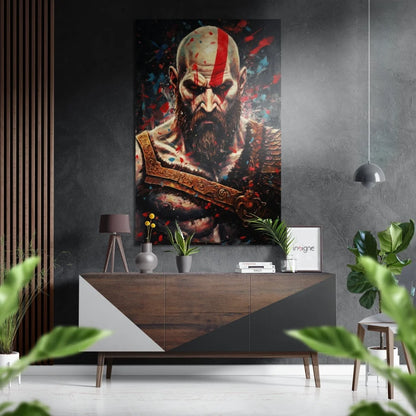 Kratos poster in brushed aluminium dibond with vivid red accents