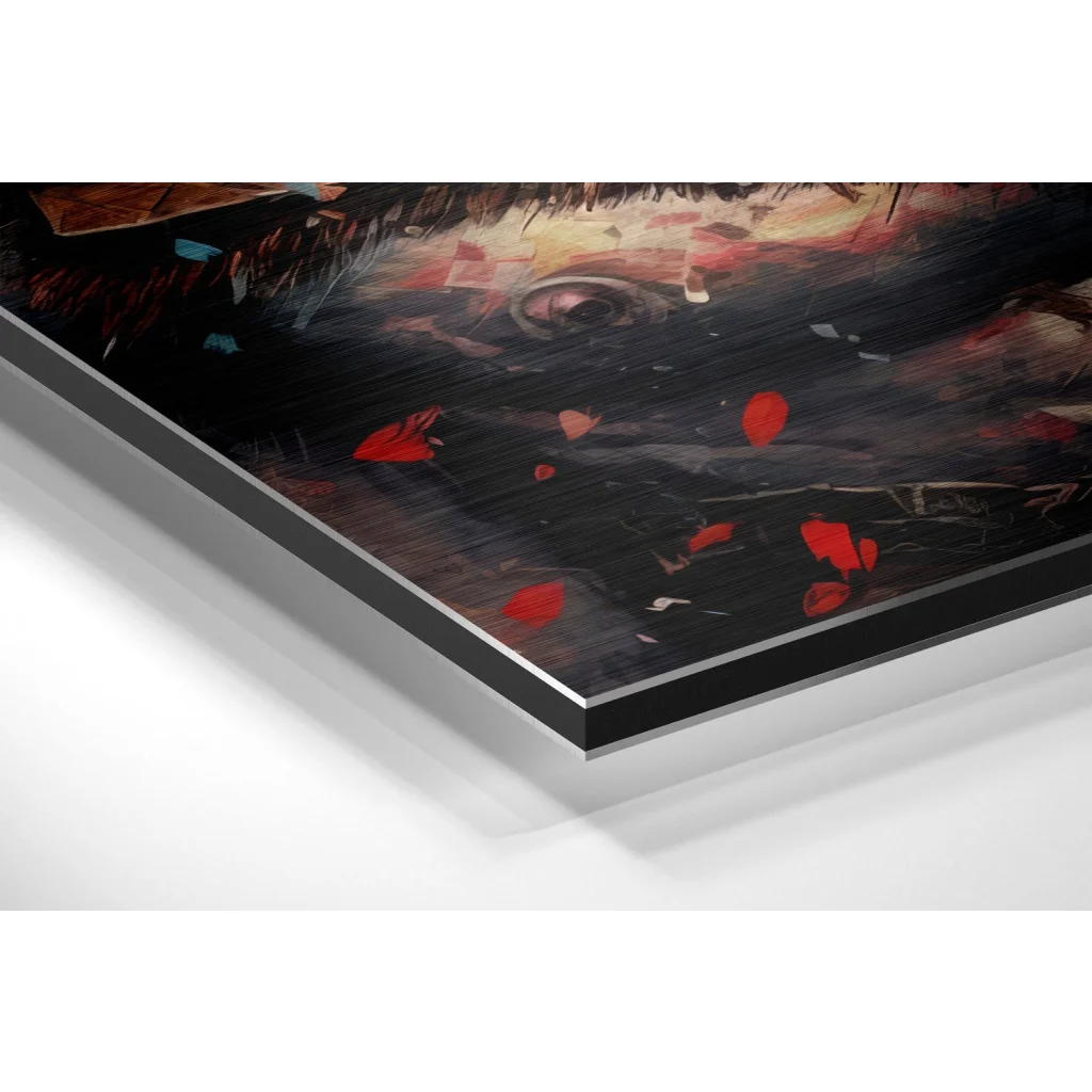 Brushed aluminium dibond Kratos wall art in black red abstract canvas