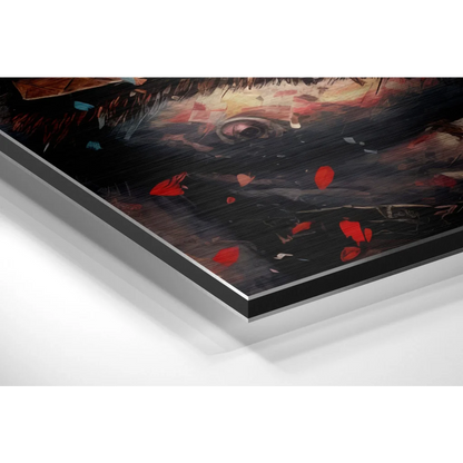 Brushed aluminium dibond Kratos wall art in black red abstract canvas