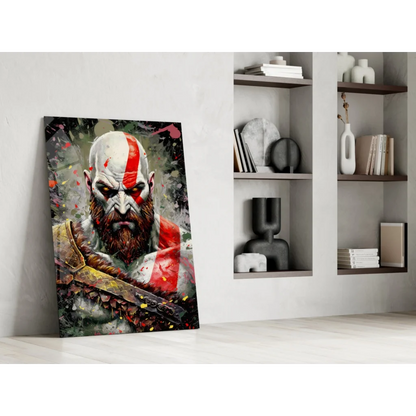 Vibrant Kratos glass wall art print on red white canvas
