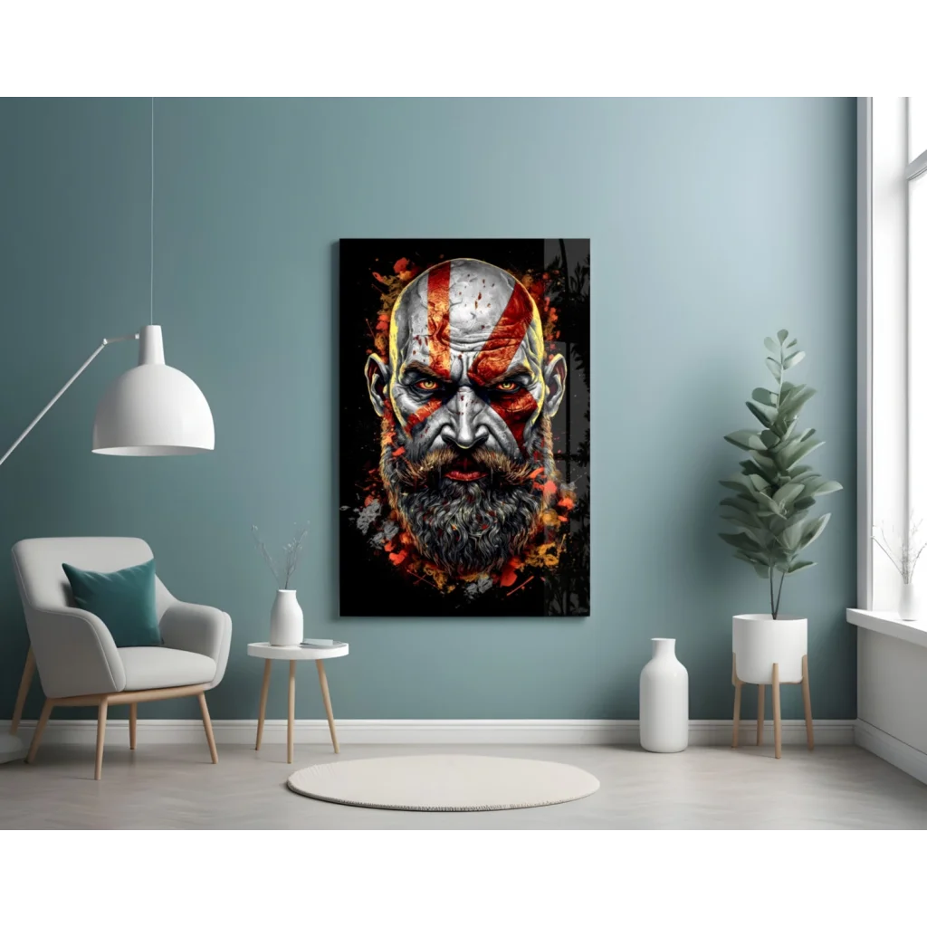 Kratos God of War Glass Wall Art with Fiery Battle Paint | Contemporary Home Wall Art | vintageantiquesgifts.com