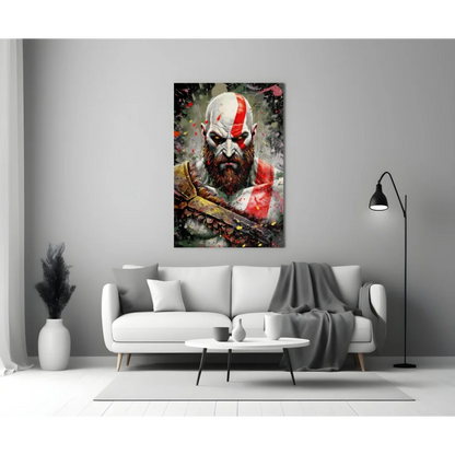 Kratos God of War glass wall art print with face paint and armor