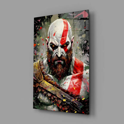 Vibrant Kratos glass wall art print with iconic face paint and armor