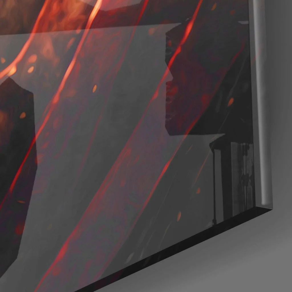 Kratos God of War glass wall art with fiery red glow cityscape