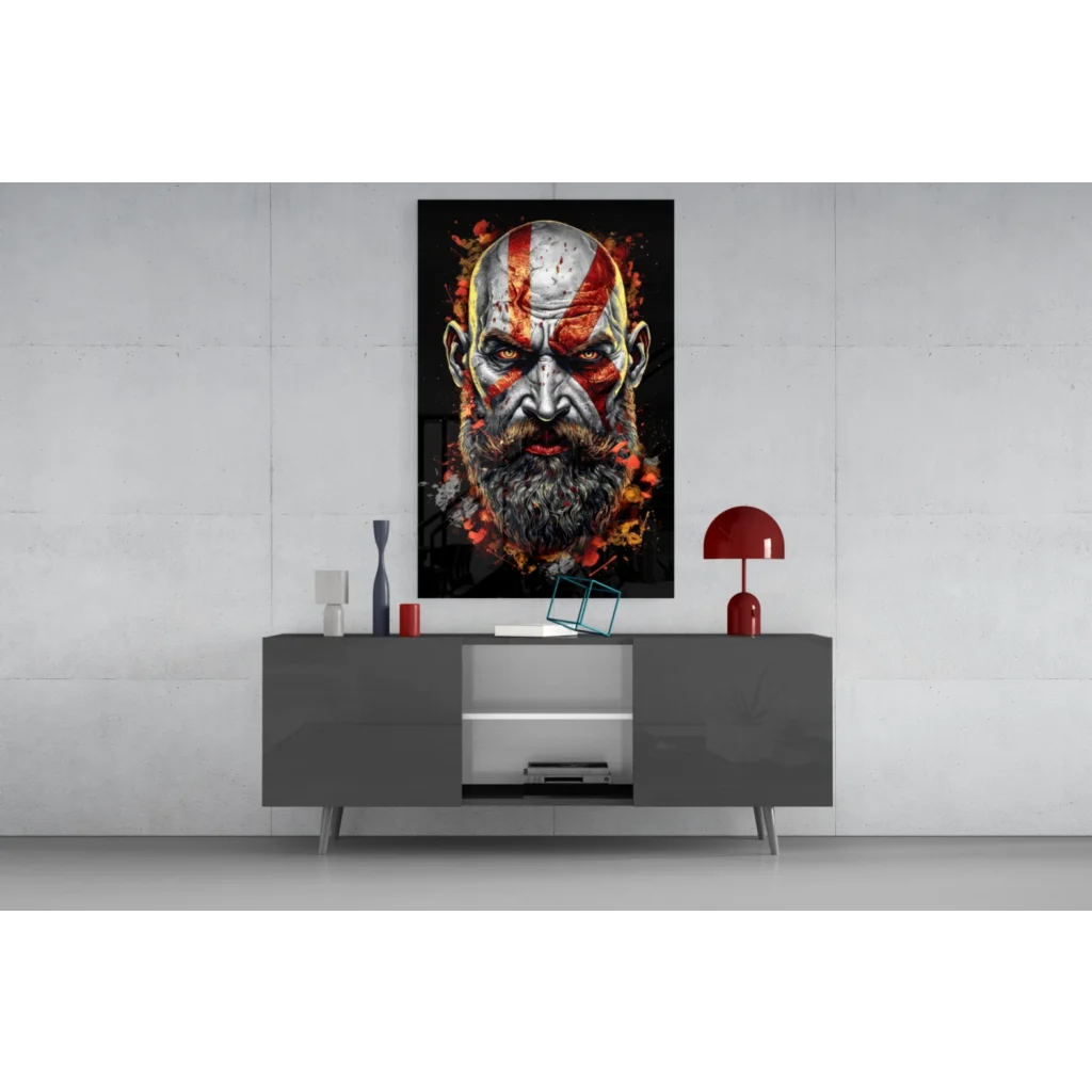Fierce Kratos God of War glass wall art with black-red warrior and fiery paint