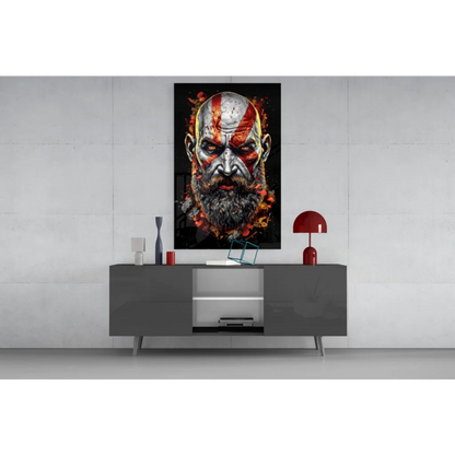 Fierce Kratos God of War glass wall art with black-red warrior and fiery paint