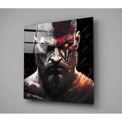 Kratos God of War glass wall art with fierce red eyes glow