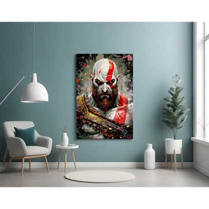 Kratos God of War glass wall art print in dynamic pose