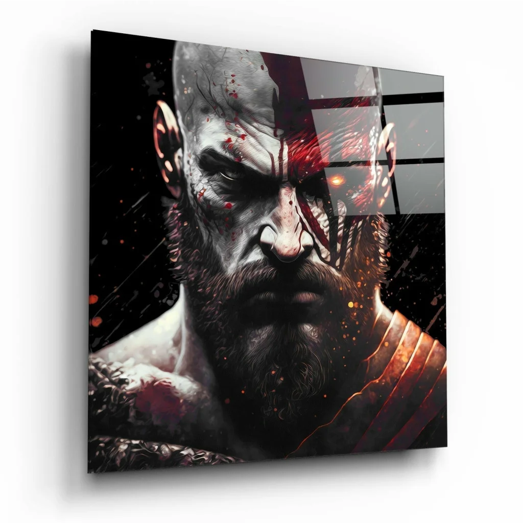 Kratos God of War glass wall art with fiery red glow
