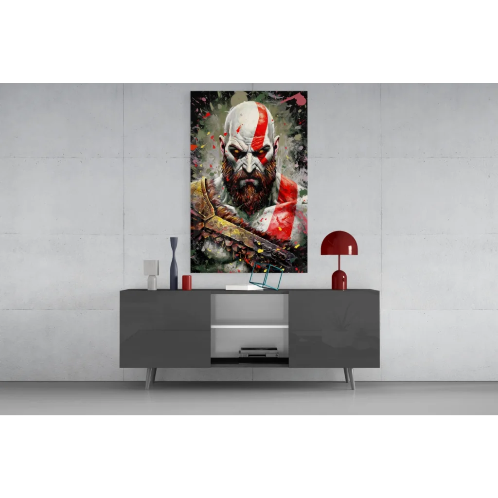Kratos glass wall art print with white head and red markings