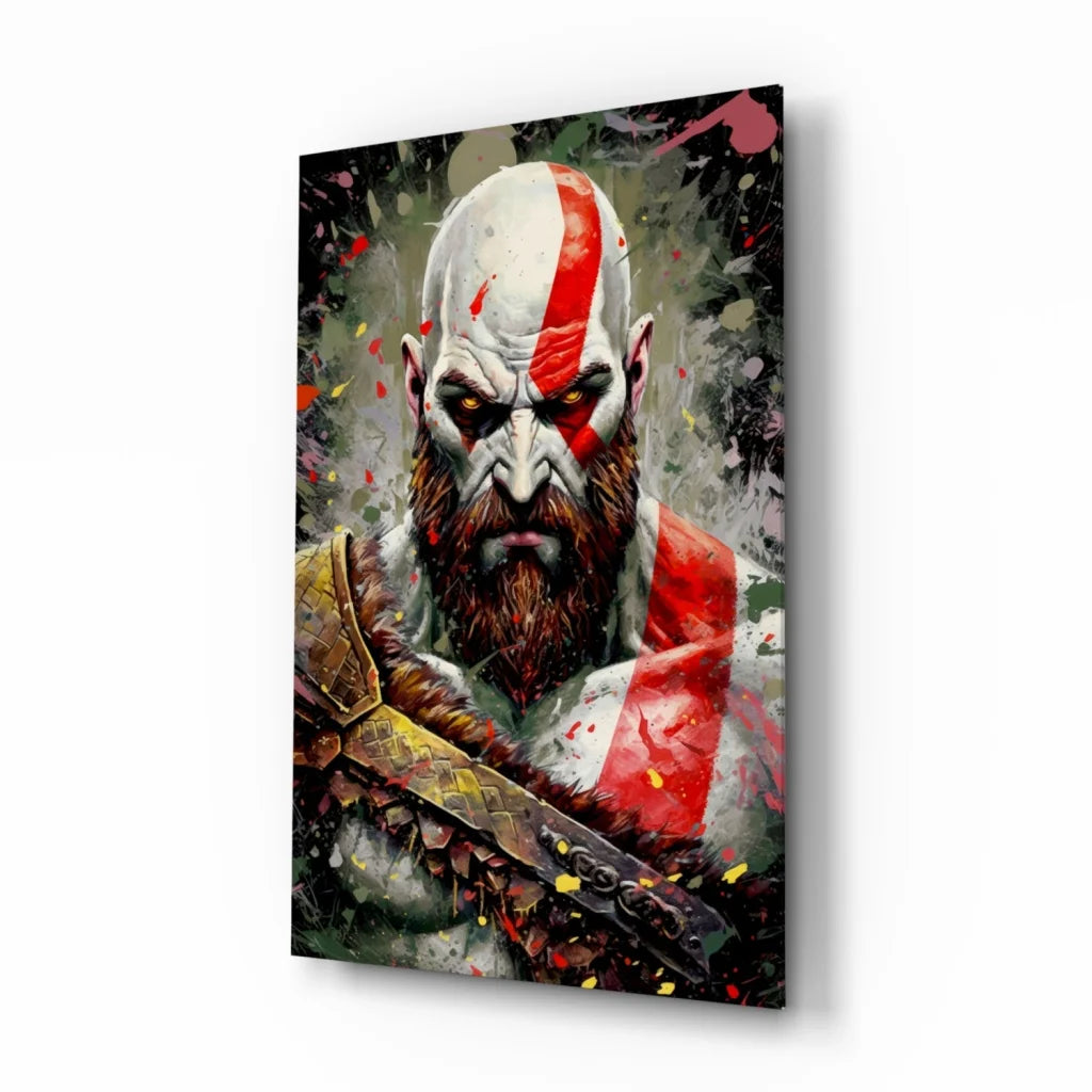 Kratos glass wall art print with painted face and armor on splatter background