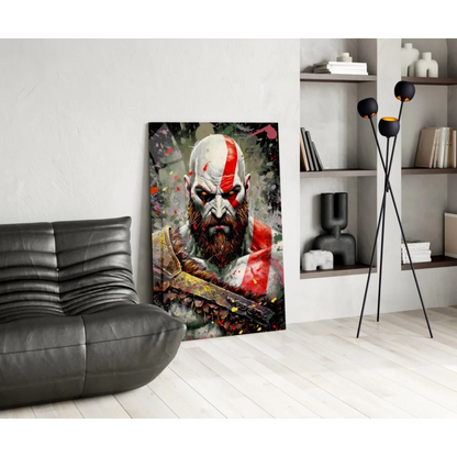 Vibrant Kratos glass wall art print with bold red face markings