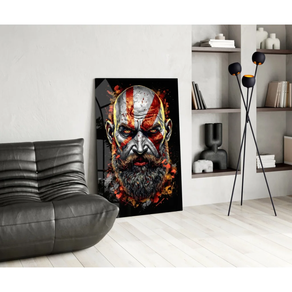 Fiery Kratos God of War glass wall art on sleek black canvas