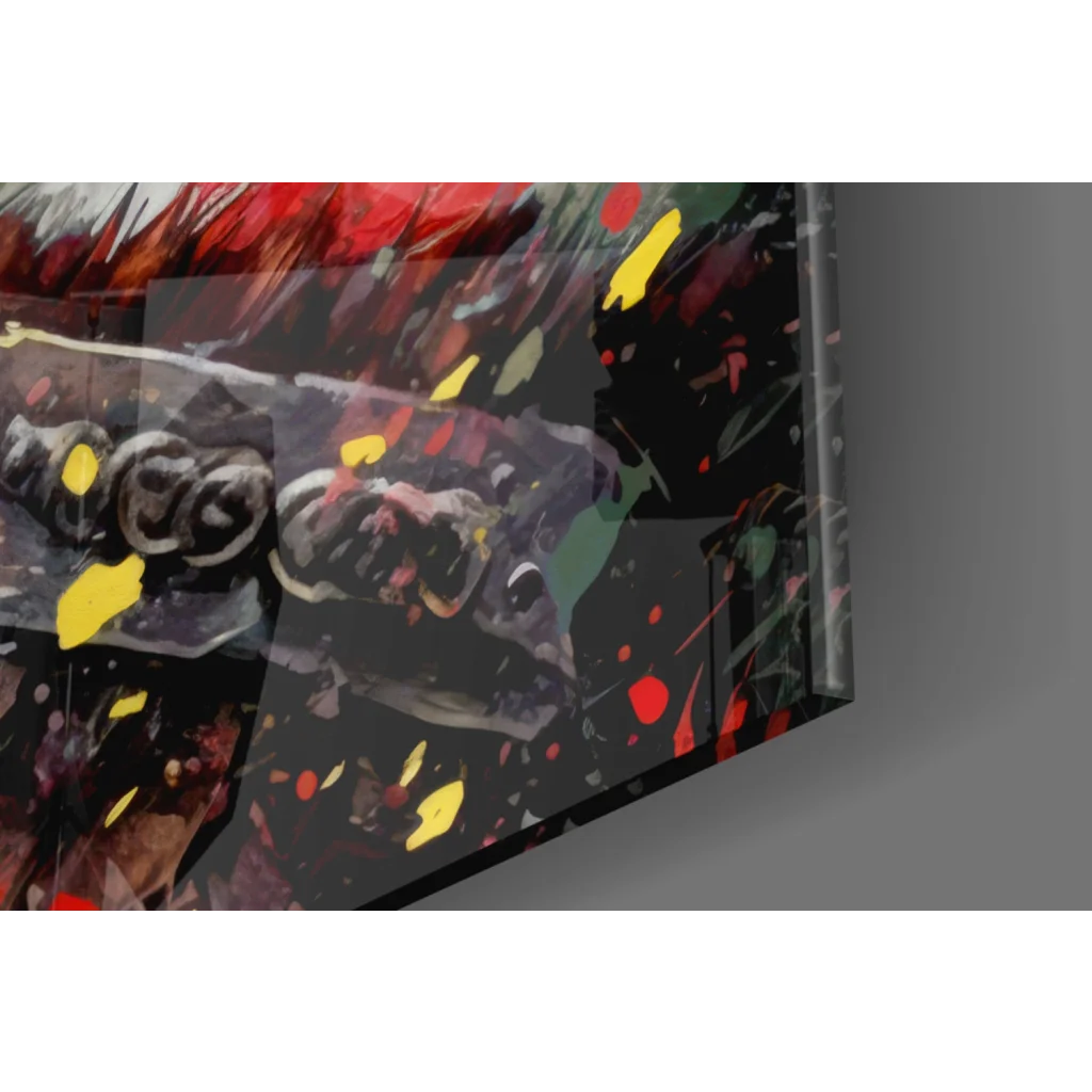 Abstract red yellow green glass wall art print on dark glossy background