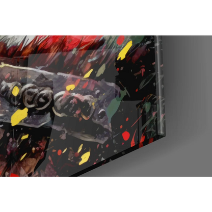 Abstract red yellow green glass wall art print on dark glossy background