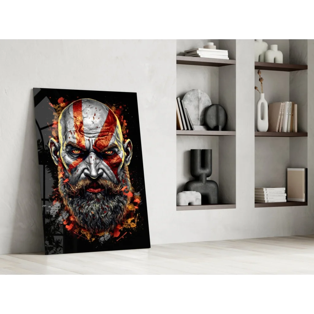 Kratos God of War fiery glass wall art print