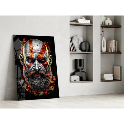 Kratos God of War fiery glass wall art print