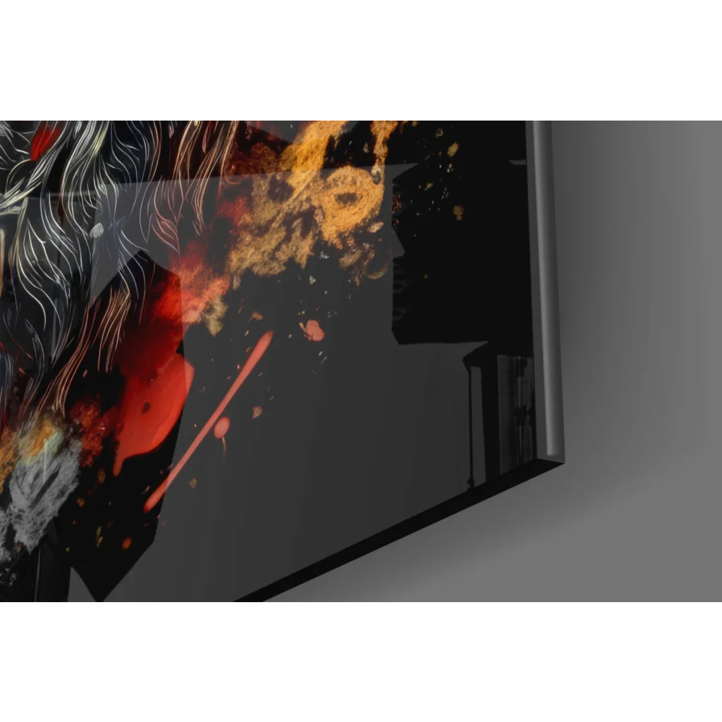Kratos God of War fiery glass wall art with black canvas splashes