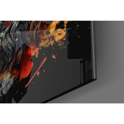 Kratos God of War fiery glass wall art with black canvas splashes