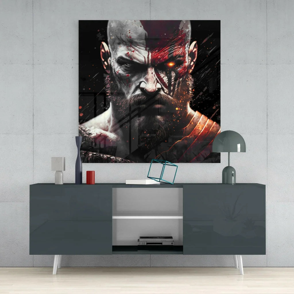 Kratos God of War glass wall art with fierce gothic frame and red glow