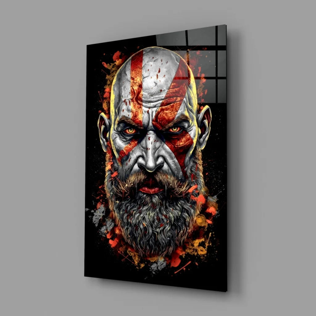 Kratos God of War Glass Wall Art with Fiery Battle Paint | Glass Wall Art Print | vintageantiquesgifts.com