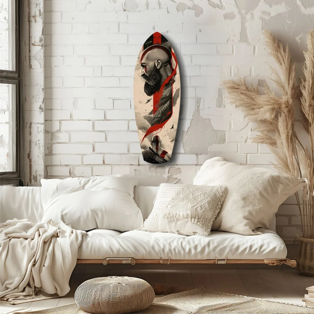 Epic Kratos tempered glass art skateboard wall design
