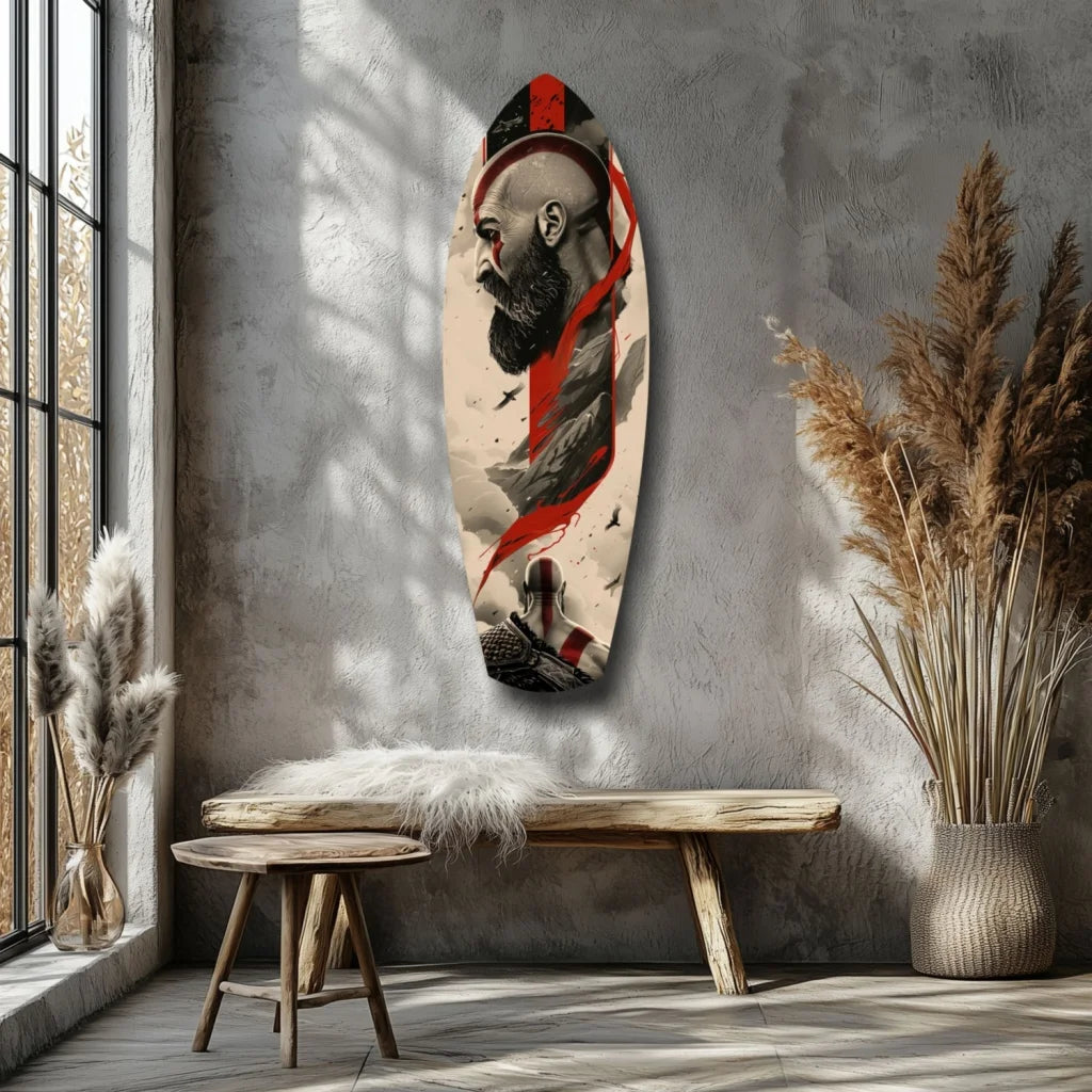 Epic Kratos tempered glass wall art with oval skateboard design
