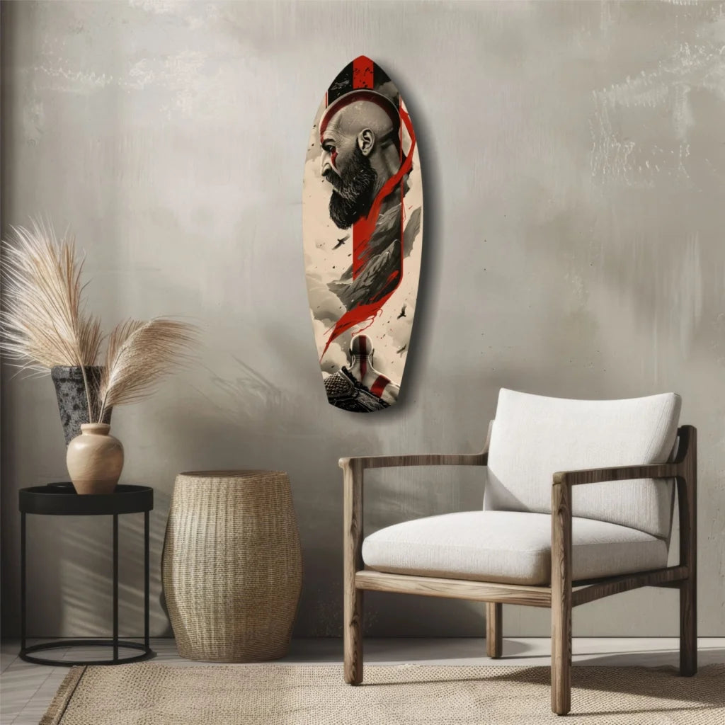 Epic Kratos tempered glass wall art skateboard design