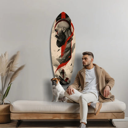 Epic Kratos tempered glass art on surfboard wall design