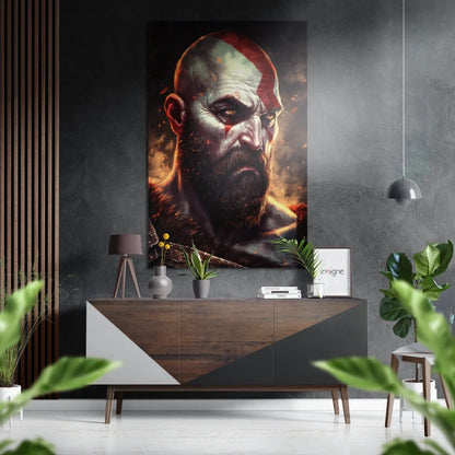 Kratos God of War striking black-and-white red portrait on brushed aluminium dibond canvas print
