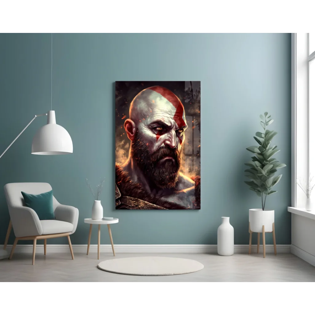 Kratos God of War canvas wall art portrait with red face paint and armor