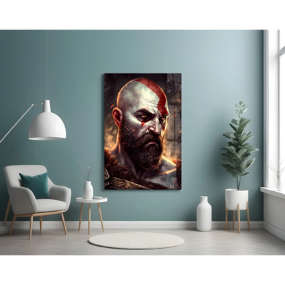Kratos God of War canvas wall art portrait with red face paint and armor