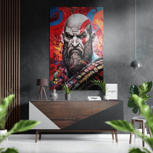 Kratos red abstract art print on brushed aluminium dibond canvas