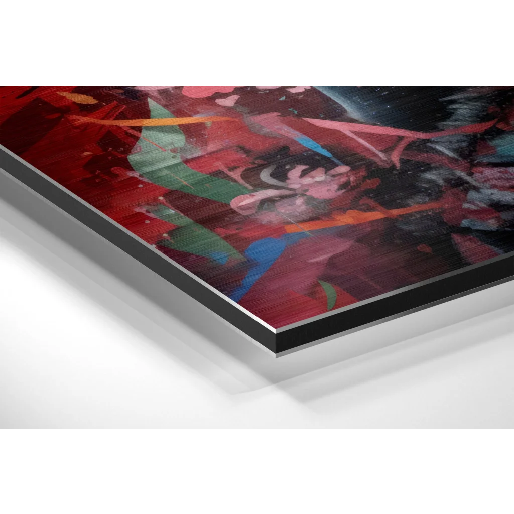 Glass Wall Art Red and green abstract Kratos art print on brushed aluminium dibond black frame