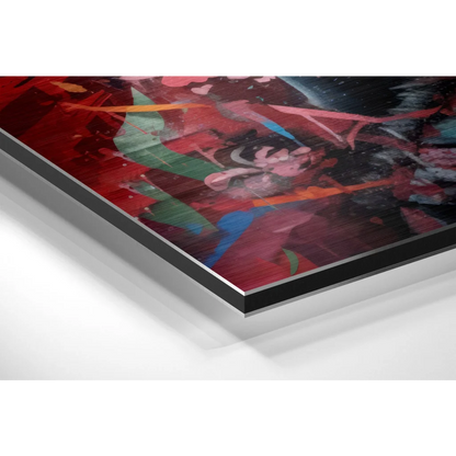 Red and green abstract Kratos art print on brushed aluminium dibond black frame
