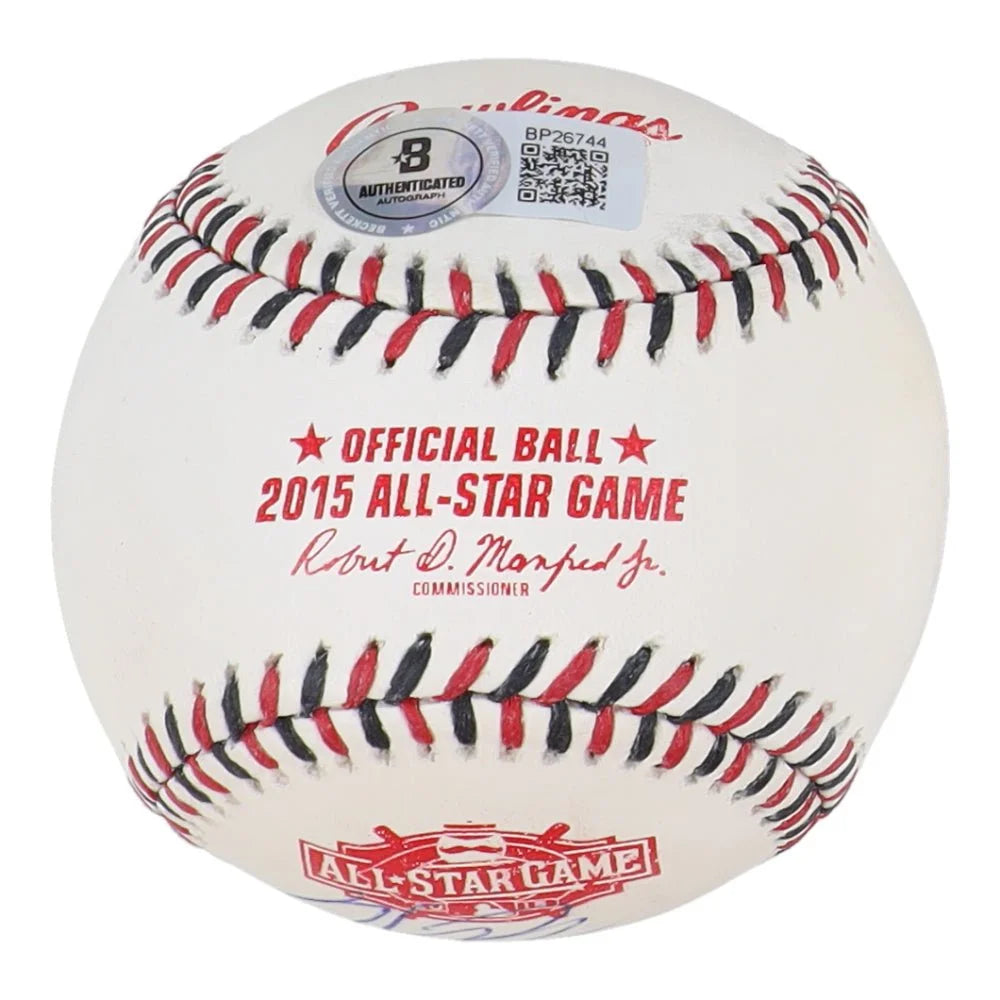 White baseball with red and black stitching, Kris Bryant signed game logo baseball