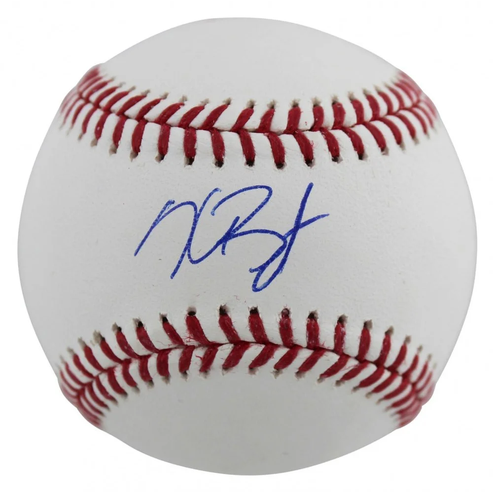 White baseball with red stitching and blue Kris Bryant autograph for Fanatics hologram authenticity