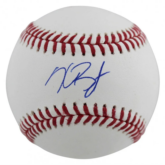White baseball with red stitching and blue Kris Bryant autograph for Fanatics hologram authenticity