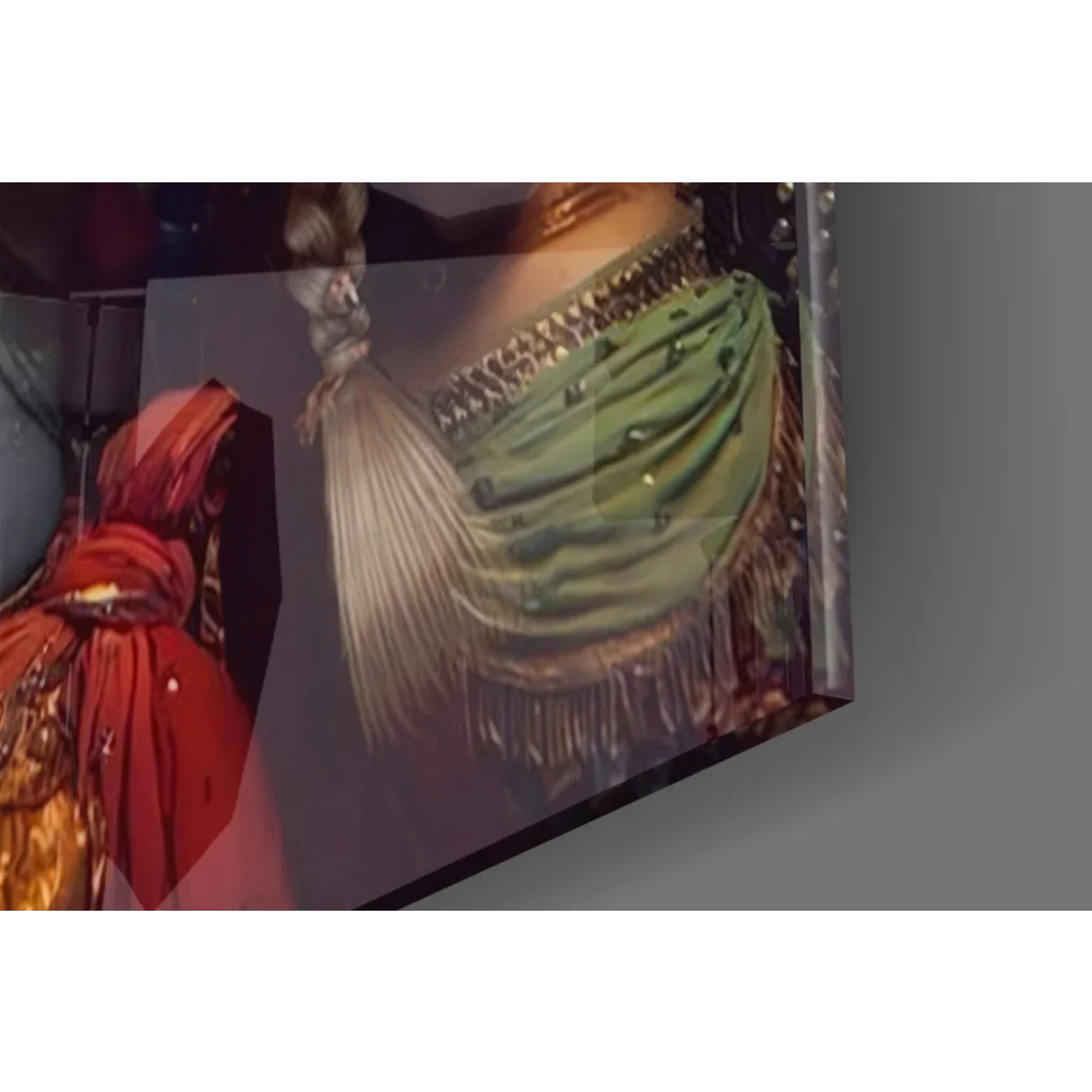 Vibrant green beaded fringed garment on mannequin in Divine Krishna Radha glass wall art