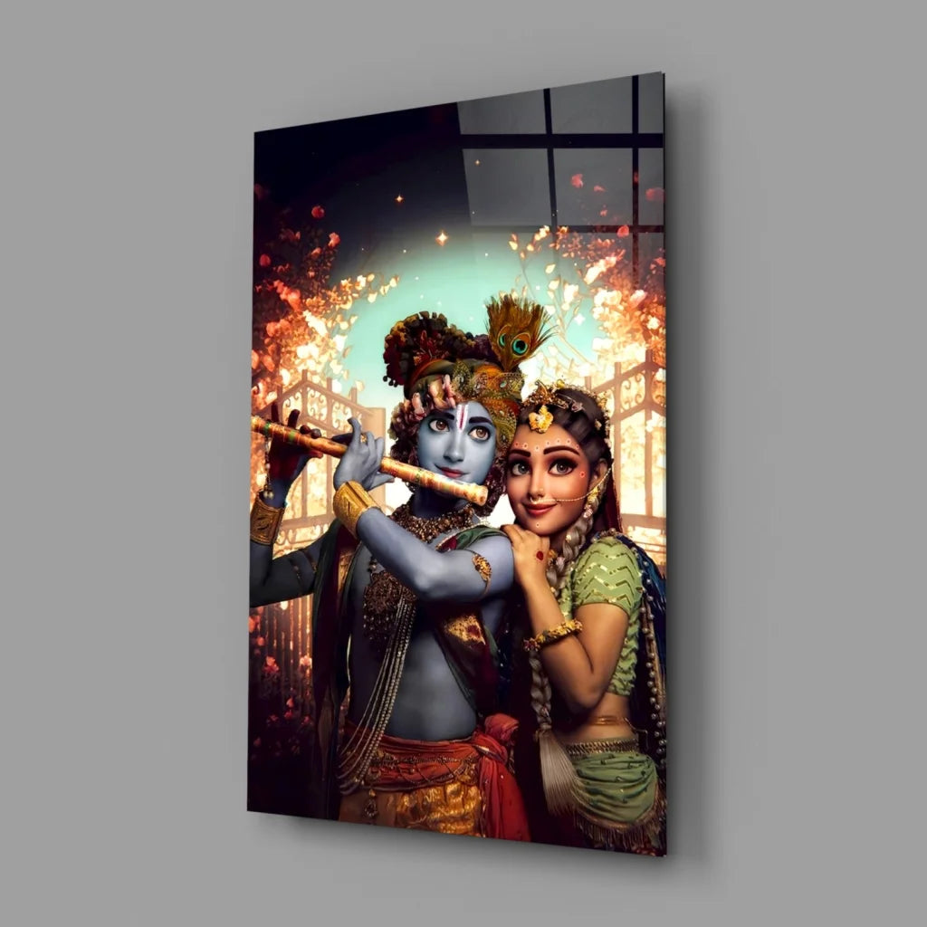 Vibrant Krishna and Radha glass wall art with golden details