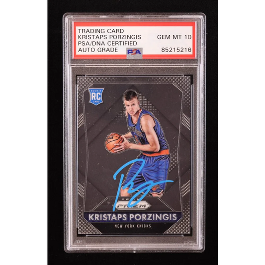 Kristaps Porzingis PSA graded autographed rookie basketball card Knicks display
