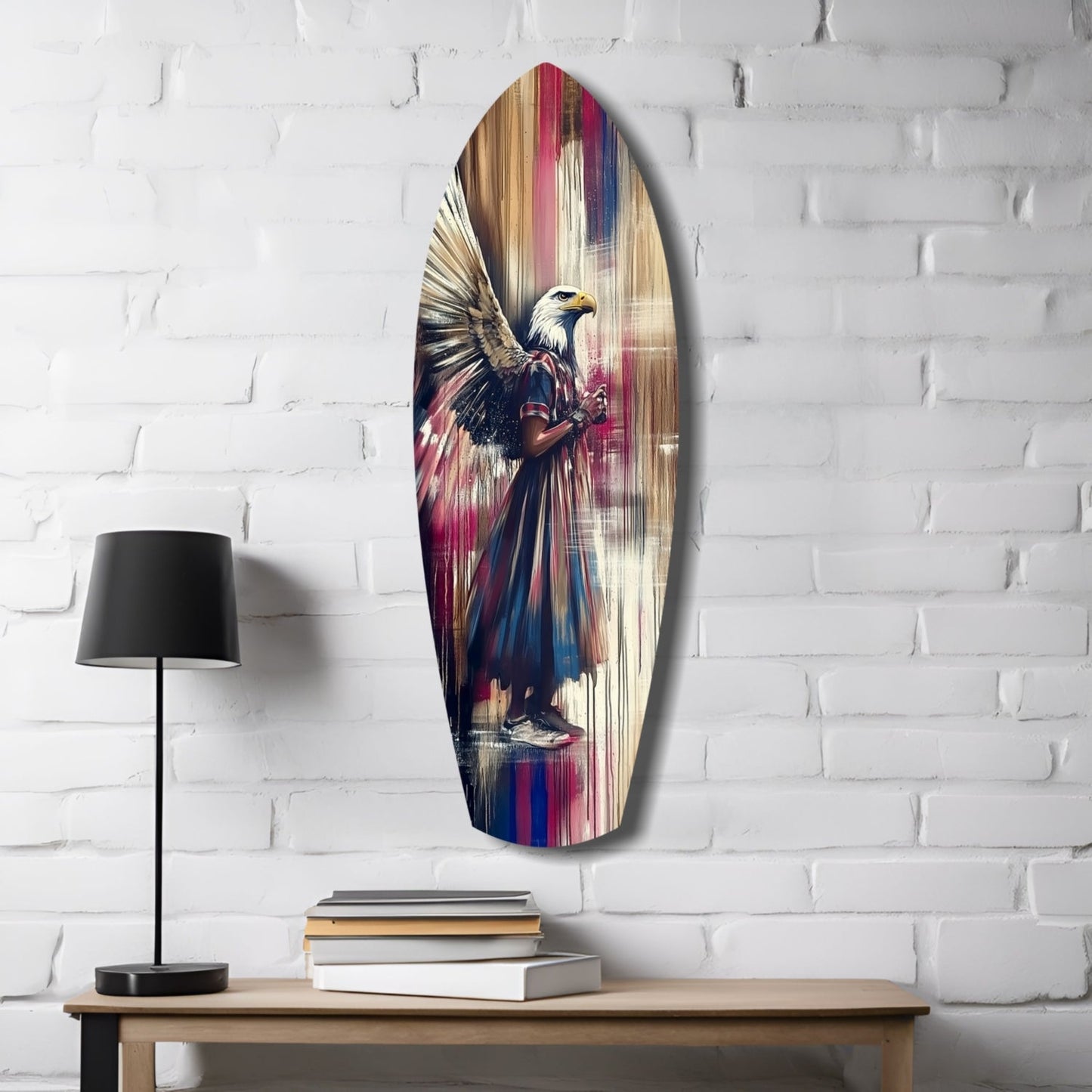 Surfboard Magenta Drip Paint American Eagle Glass Wall Art