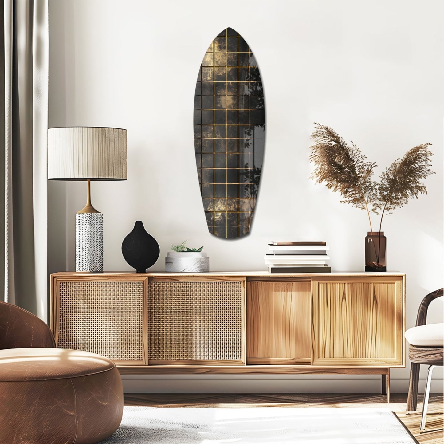 Gold Grid Tiles Black Surfboard Glass Wall Art