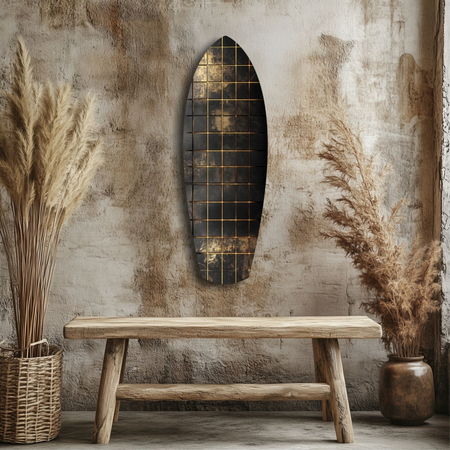 Gold Grid Tiles Black Surfboard Glass Wall Art